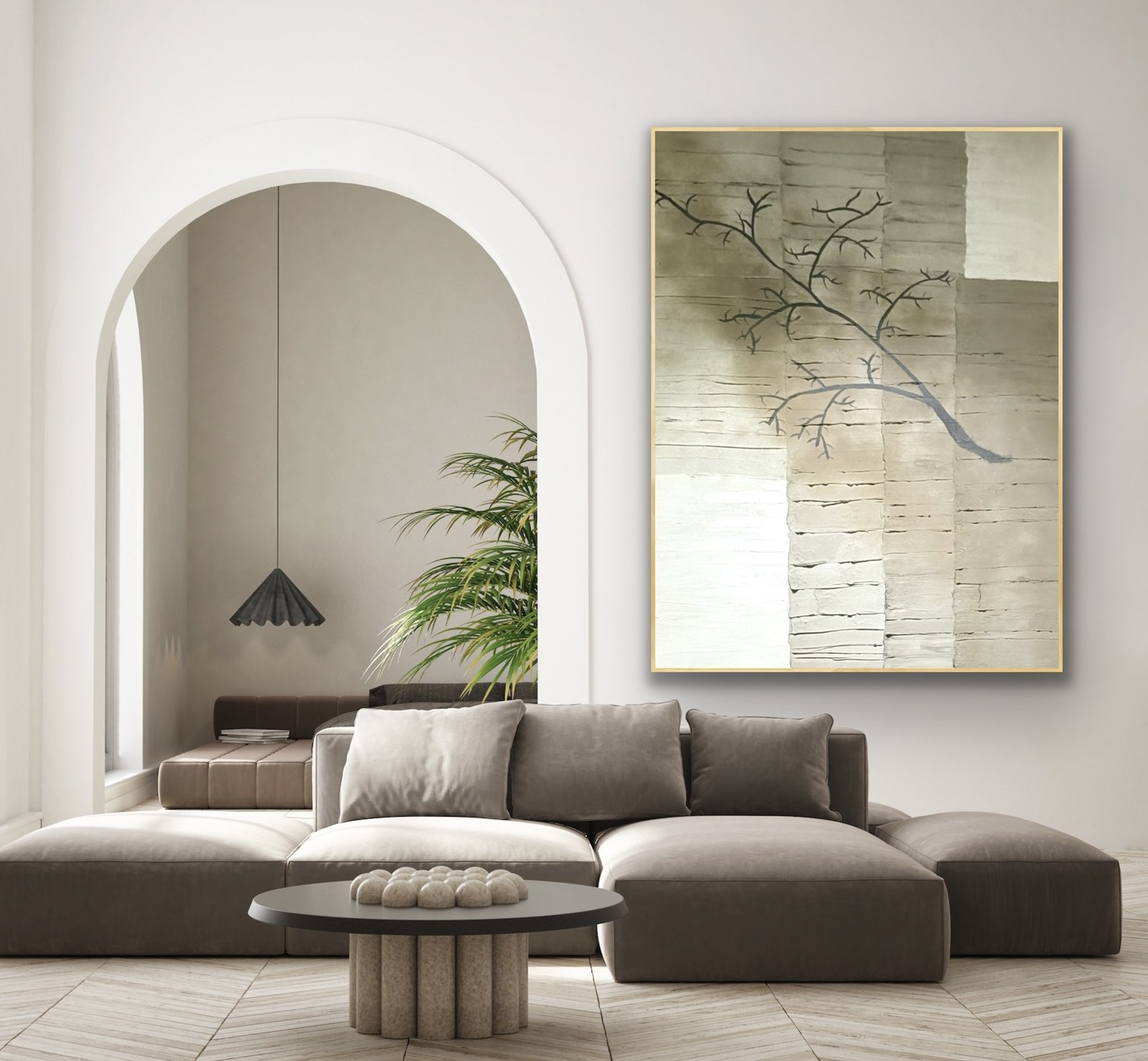 A large-scale hand-textured commissioned painting displayed above a sofa